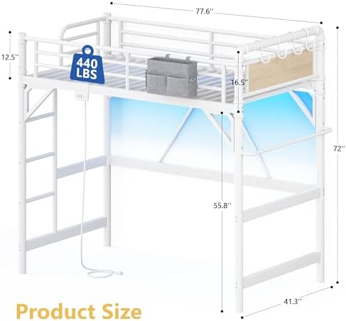 Twin Size Loft Bed with LED Lights and Charging Station, Industrial Heavy Duty Metal Loft Bed Frame with Ladder and Guardrail for Kids Adults, Small Space Saving Design for Bedroom Dorm, White