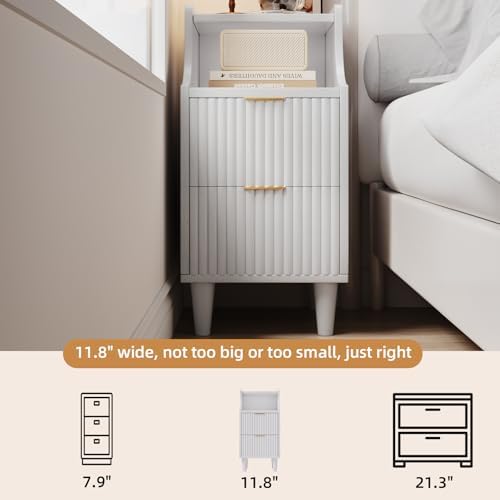Narrow Nightstand Set of 2,11.8" Fluted Bedside Table Set of 2, Slim Side End Table with 2 Drawers, Wooden Bedside Table, White Wood Night Stand for Bedroom Livingroom Sofa Office