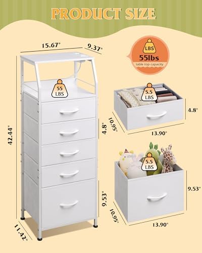 WLIVE Night Stand with Charging Station, White LED 5 Drawers Bedside Table