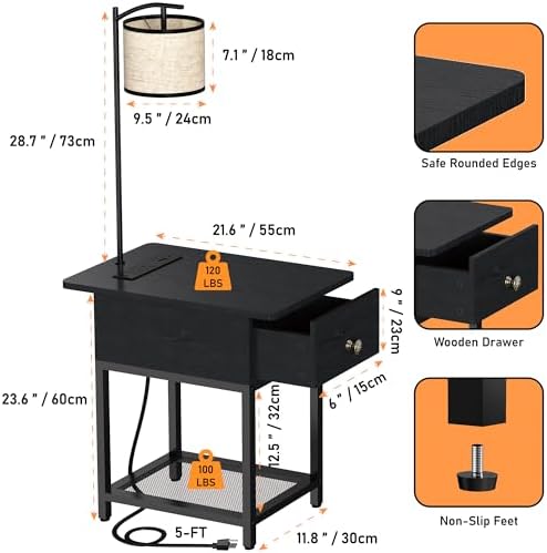 runjuly Floor Lamp with Table, Narrow Side Table with Charging Station