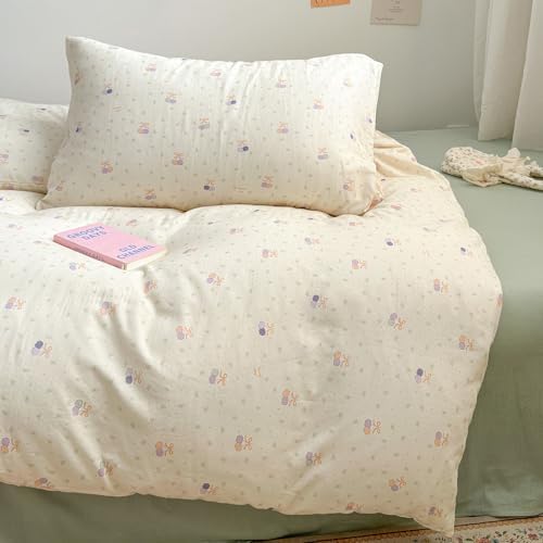Cherry Twin Size Duvet Cover Boho Muslin Twin Comforter Cover Cotton Double Gauze Bow Zipper Duvet Cover Set with 2 Pillowcases Kawaii Pattern Bedding Set for Girls Duvet Protector