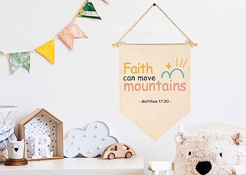 Christian Bible Verses Art-Scripture Flag Sign Gift for Baby Newborn Boys Girls Kids-Banner Pennant Wall Decor Present for Nursery Bedroom Playroom -Baby Gift Shower-Faith Can Move Mountains