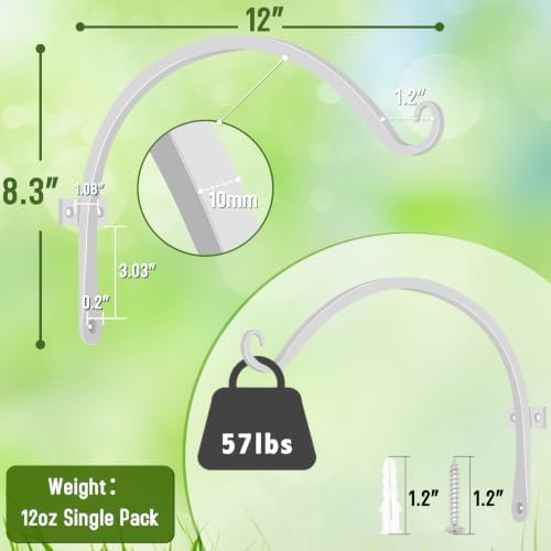 FEED GARDEN Heavy Duty Plant Hooks - 2 Pack 12 Inch Wall Mounted Hanging Brackets, 57lb Capacity Steel Plant Hangers for Bird Feeders, Baskets, Wind Chimes Outdoor Indoor- White