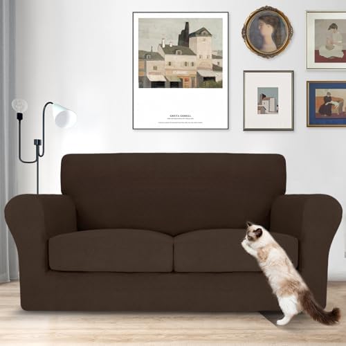 MAXIJIN 3 Piece Couch Covers for 2 Cushion Couch loveseat Cover, Stretch Love Seat Sofa Slipcovers for Dogs Pet, Thick Furniture Protector with 2 Seat Cushion (55"-69", Coffee)