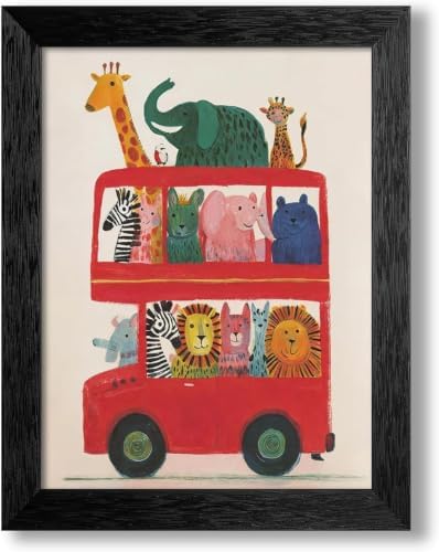 Black Framed Cute Colorful Animal Canvas Wall Art Modern Funny Kids Posters Safari Animals On Red Bus Scene Prints For Toddler Bedroom Nursery Wall Decor 12x16 inch