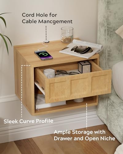 EYYTHUNG Floating Nightstand Set of 2, Wall Mounted Bedside Table with Storage Drawer and Open Shelf, Night Stand with Curved Corners for Living Room, Bedroom, Dorm, Natural Oak