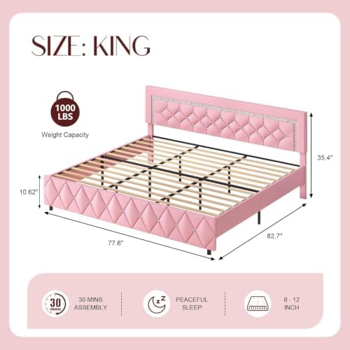 King Bed Frame with Diamond Headboard, Upholstered Platform Bed, Pink