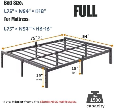 18 Inch Full Size Metal Platform Bed Frame,Mattress Anti-Slip Design