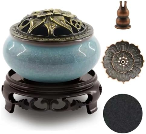 Ceramic Incense Burner with Lotus Incense Holder, Multi-Functional Incense Burner Holder for Incense Sticks, Coil Incense and Cones, Perfect Home Decor (Blue)