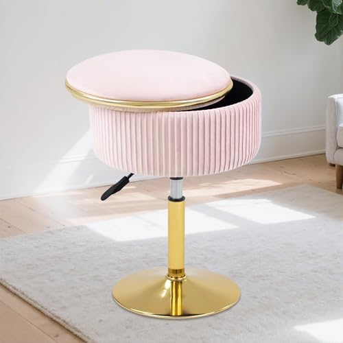 Adjustable Vanity Stool, Velvet Makeup Stool with Storage Pink