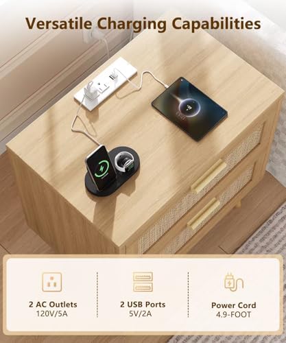 Keehusux 23.6" W Rattan Nightstand with Charging Station and 2 Drawers