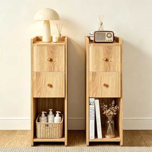 Narrow Nightstand Set of 2, Wooden Small 2 Drawer Nightstand, Slim Side End Table, Skinny Bedside Table, Mid Century Modern Night Stand with Drawers for Bedroom (Natural 2-2 pcs)