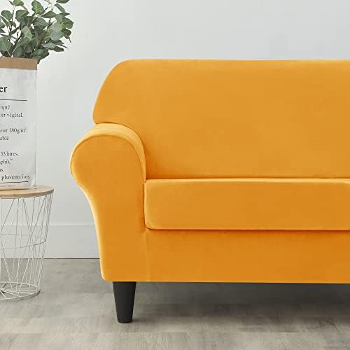 OBCREAT 4 Pieces Sofa Slipcover Stretch Velvet Sofa Covers for 3 Cushion Couch Soft Couch Cover with Elastic Bottom Non Slip Furniture Protector for Pets Kids (Gold, Large)