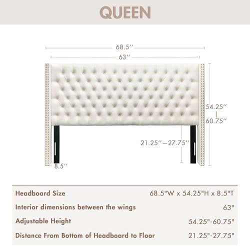 Madison Park Queen Wingback Upholstered Tufted Headboard, Featuring High-Density Sponge Padding, Adjustable Height Headboard, Easy Assembly, Beige Velvet
