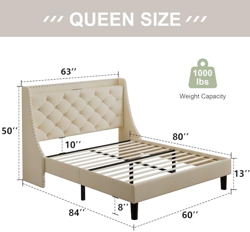 Feonase Queen Bed Frame with Luxury Wingback and Fast Charging Station,Queen Upholstered Button Tufted Storage Headboard Platform Bed,Sturdy Wooden Slats Support,Noise-Free,Easy Assembly, Beige