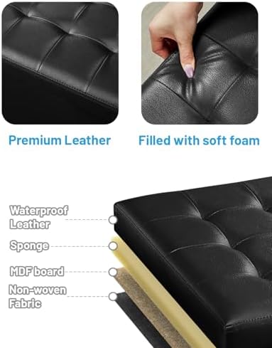 Bsketa Storage Ottoman Bench,17 Inch Folding Leather Foot Rest Stool, Black