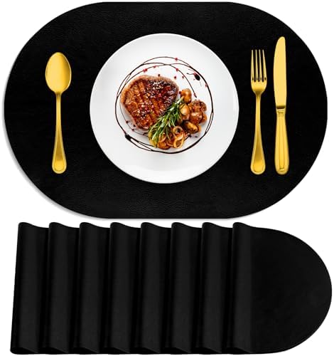 ADRIMER Oval Placemats Set of 8, Wipeable Faux Leather, Black