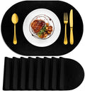 ADRIMER Oval Placemats Set of 8, Wipeable Faux Leather, Black