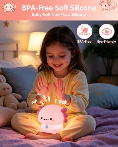 Fuloon Axolotl Night Light, 3-Level Dimming Silicone Touch Lamp with Rechargeable Battery & 30-Min Auto Timer, Cute Squishy Unicorn Whale Desk Decor, Funny White Elephant Gift for Adults Teens Kids