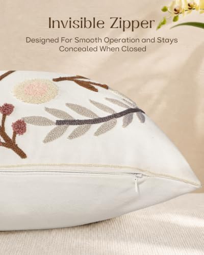 Embroidered Floral Throw Pillow Cover 18x18 Inch, Elegant Flower