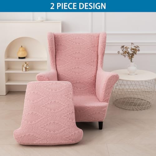 HZDHCLH Wingback Chair Slipcovers 2 Piece Stretch Spandex Chair Covers Washable Armchair Protector with Elastic Fit for Living Room Bedroom Pink Embossed Leaf Pattern