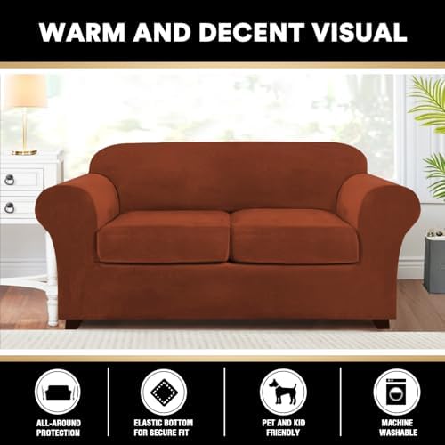 PrinceDeco Velvet Couch Cover Loveseat Covers for 2 Cushion Couch 3 Piece Sofa Covers for Dogs Washable Loveseat Covers Width Up to 72 Inch No Slip Stretch Sofa Slipcover(Medium, Rust)