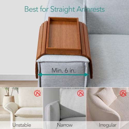 DETOR Couch Arm Tray with Spacious 12.4" x 5.4" Storage Box, Acacia Stained Bamboo Finish, Enhanced Non-Slip Felt Bottom, Sturdy Bamboo Slats, Fits Armrests 6" and Wider