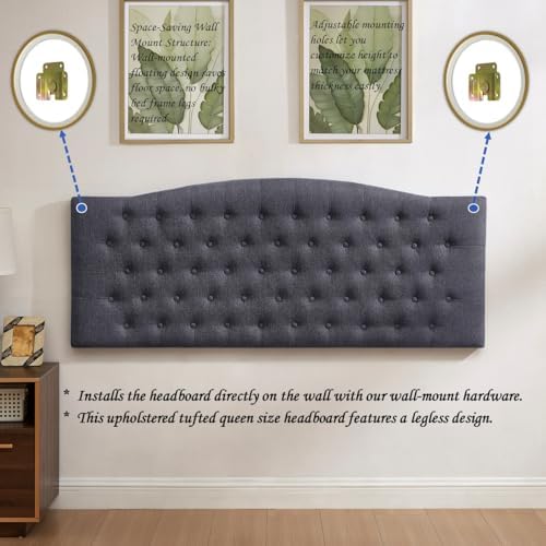 24KF Upholstered Tufted Button Wall Mounted Linen Headboard,Comfortable Fashional Headboard Queen/Full Size,6055-Q-Dark Gray