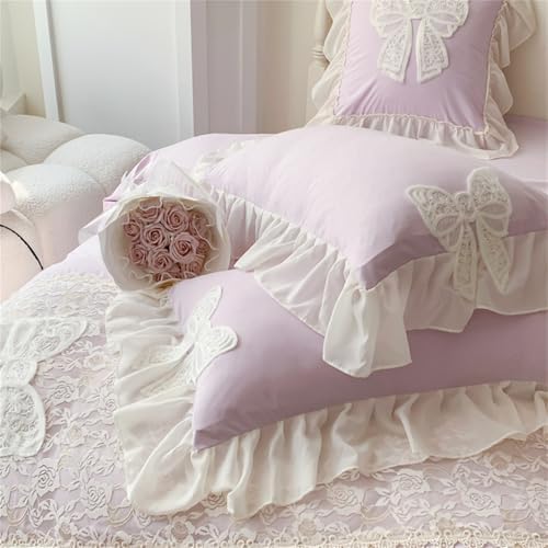 Duvet Cover Queen Size,Chic Lace 3 Pieces Comforter Cover with Bowknot Bow Tie (1 Duvet Cover 90x90 Inch, 2 Pillowcases) Soft Washed Microfiber Ruffled Bedding Set,Aesthetic bedding-Purple,Queen Size