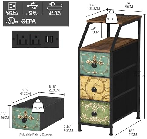 Tohomeor Narrow Dresser Tall Skinny Storage Tower Vertical Slim Chest of Drawers with Charging Station Small Nightstand Side Table for Bedroom, Bathroom, Small Spaces (Retro Flower, 3 Drawers)