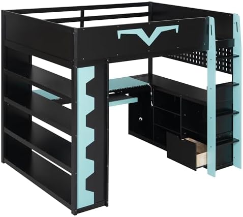 Merax Full Size Loft Bed with Desk & RGB Lights, Wooden Pro-Gamer Bed with Power Outlet, Large Bookshelf, Pegboard, Keyboard Tray & Storage Drawer