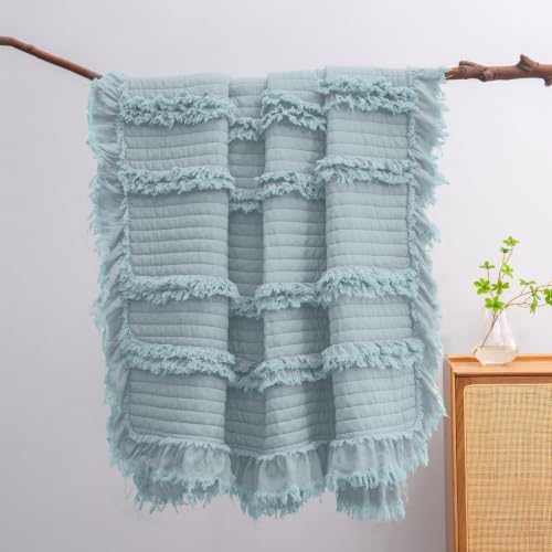 Ultra Soft Pre-Washed Quilted Boho Blue Twin Size Blankets for Bed, Ruffle Fringed Decorative Throw, Stone Washed Chic Rustic Blanket for Sofa Couch Bed, 60"*80"