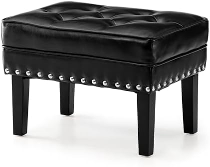 Glitzhome Faux Leather Foot Stool, Mid Century Modern Foot Stools Ottoman, Vintage Ottoman Tufted Square Vanity Seat, Black