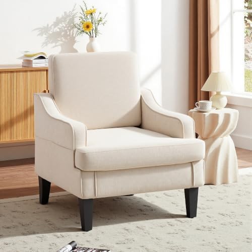 Mid-Century Accent Chairs Set of 2 for Living Room, Comfy Arm Chair Fabric Reading Chair for Bedroom, Upholstered Single Chair with Wood Legs for Apartment, Waiting Room, Vanity Room(Beige)