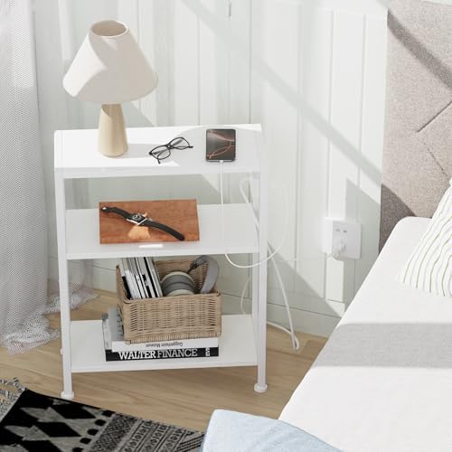 End Table with Charging Station, 3-Tier Side Table for Small Space, Skinny Nightstand with USB/Type C Port and 2 Outlets, Slim Sofa Beside Table for Living Room, Bedroom and Balcony, White