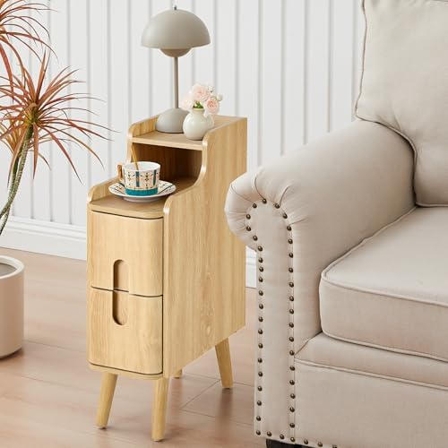 Small Nightstand Set of 2, Wood 2 Drawer Narrow Nightstand, Slim Side Table, Modern Skinny End Bedside Table, Natural Wood Night Stand with Drawers for Bedroom (Natural-2 pcs)