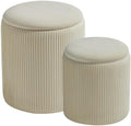BLEXA Set of 2 Round Storage Ottoman, White Velvet Ottoman with Storage