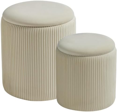 BLEXA Set of 2 Round Storage Ottoman, White Velvet Ottoman with Storage