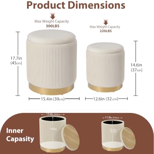 Royal Windsor Round Ottoman with Storage Set of 2, Storage Vanity Stool