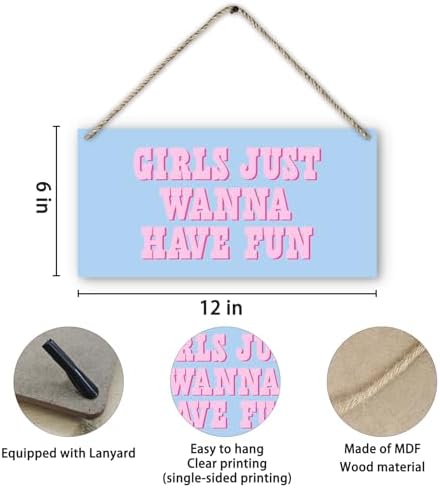 Hot Pink Preppy Girls Just Wanna Have Fun Printed Wood Plaque Sign Wall Hanging,Trendy Preppy Hanging Wall Signs for Girls Room College Dorm Bachelorette Party Decor 12 x 6 Inches Home Décor Accents（Blue）