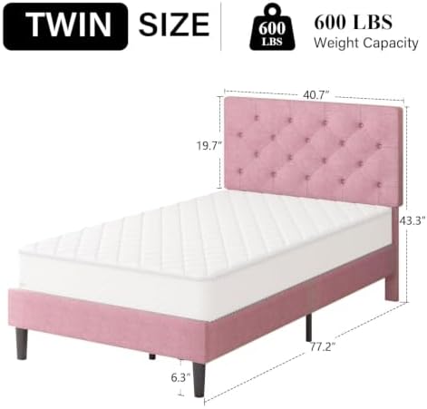 HOMBCK Twin Bed Frame for Kids, Upholstered Platform Bed Frame, Pink