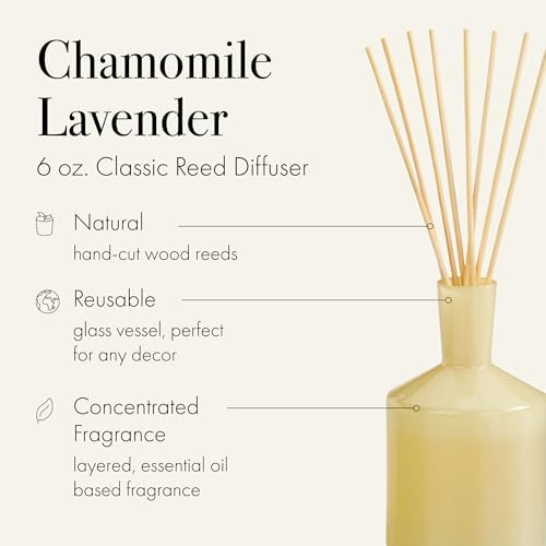 LAFCO New York Classic Reed Diffuser, Chamomile Lavender - 6 oz - Up to 3 Months Fragrance Life - Reusable, Hand Blown Glass Vessel - Natural Wood Reeds - Made in the USA