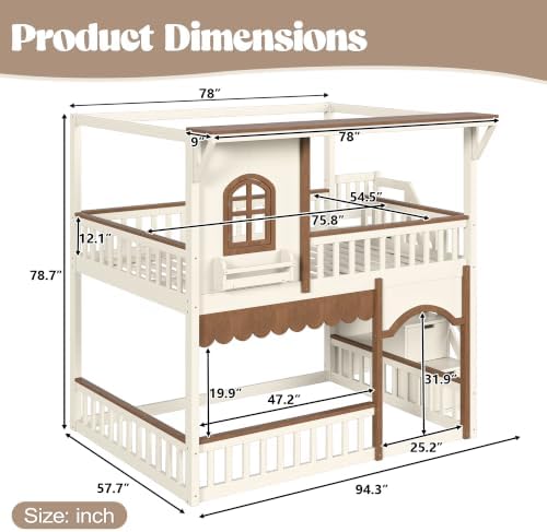 Full Over Full Size House-Shaped Wooden Bunk Bed with Window, Beige