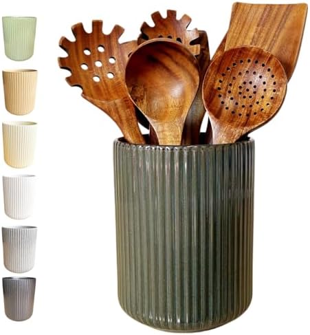 Large Stoneware Kitchen Utensil Holder for Kitchen Counter & Countertop Cooking Utensil Holder Spatula Holder Utensil Crock for Kitchen Counter Vertical Ribbed Fluted Stripe (Retro Bronze)