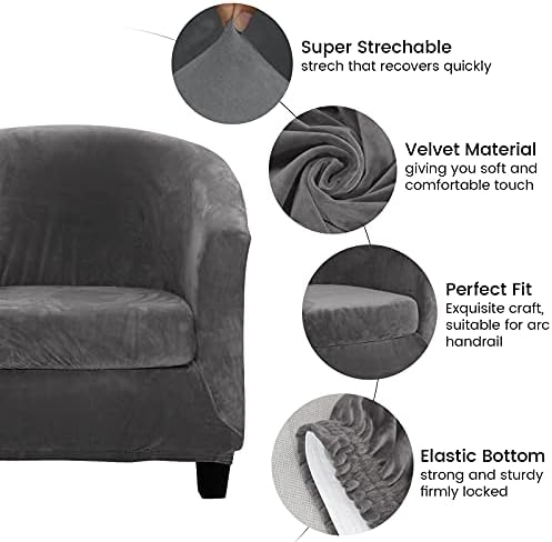 MIFXIN 2 Pieces Velvet Tub Chair Covers with Cushion Cover Stretch Soft Removable Tub Chair Slipcovers Armchair Sofa Couch Furniture Protector for Living Room Club Bar Counter (Grey)