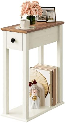 CHOEZON Farmhouse End Table, 2-Tier Narrow Side Table with Drawer, Wooden Nightstand, for Small Space, Living Room, Bedroom