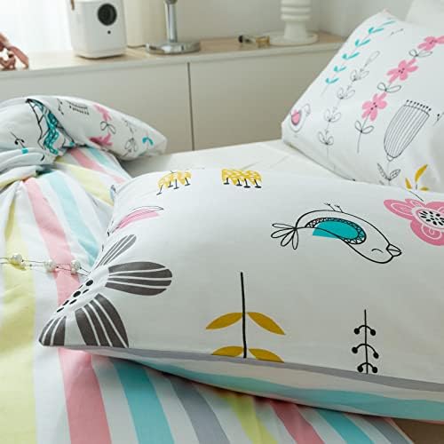 mixinni Girls Flower Leaves Pattern on White Duvet Cover Twin Size Colorful Striped Bedding Comforter Cover Set with Zipper Closure 4 Corner Ties for Teenage Girls (1 Duvet Cover + 2 Pillowcases)