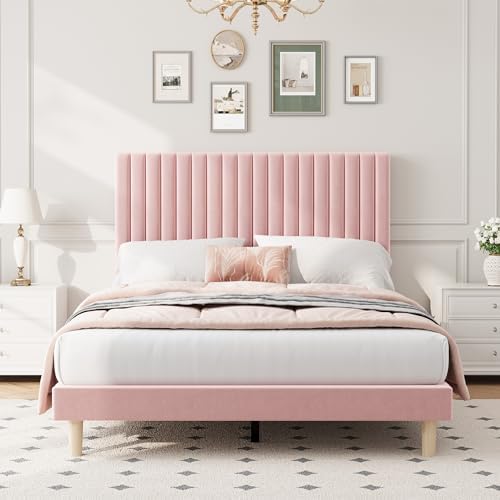 Full Bed Frame with Adjustable Headboard, Velvet Upholstered Platform Bed