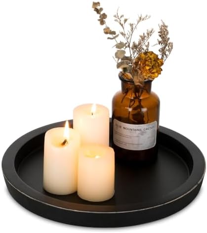 Hanobe Round Wood Candle Holder Tray, Black Coffee Table Centerpiece Decor
