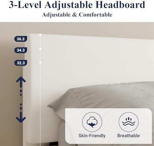 Allewie Queen Size Upholstered Bed Frame Adjustable Headboard, White